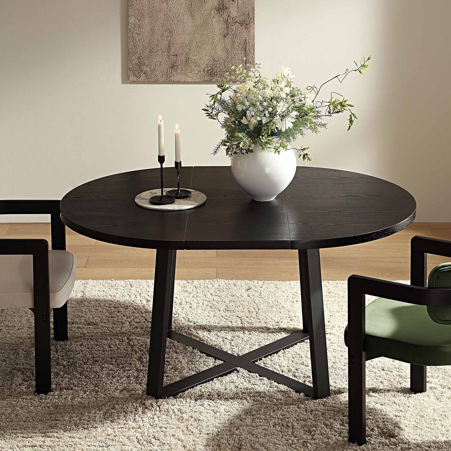 BERN Extending Round Dining Table with Metal Legs, Black