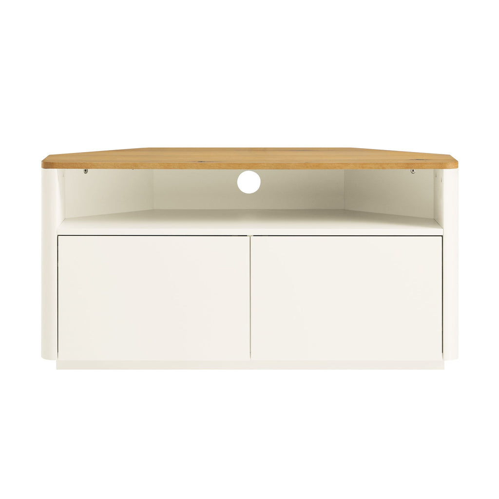 Agnes Curved Edge Corner TV Unit, Off White with Oak Top
