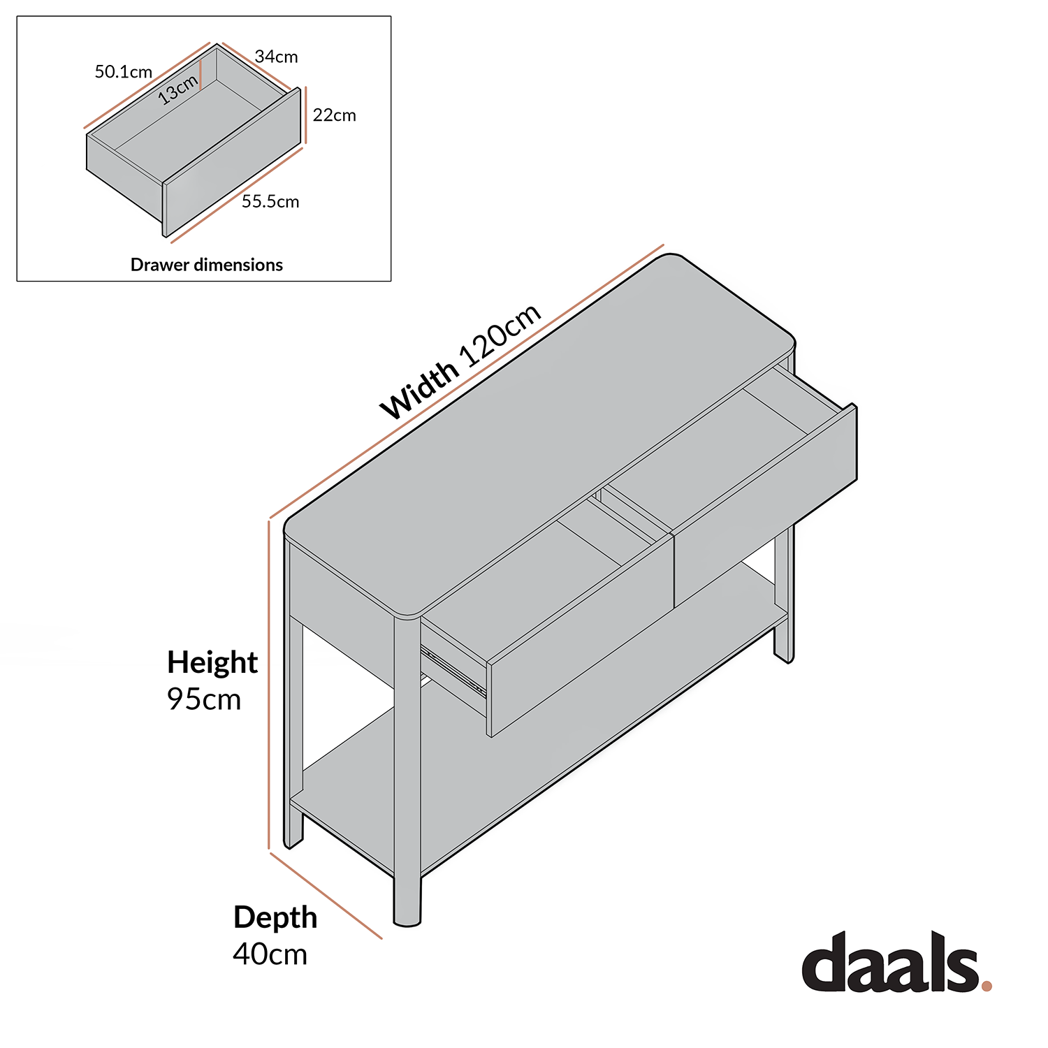Agnes Curved Edge 2 Drawer Console Table, Dove Grey with Oak Top