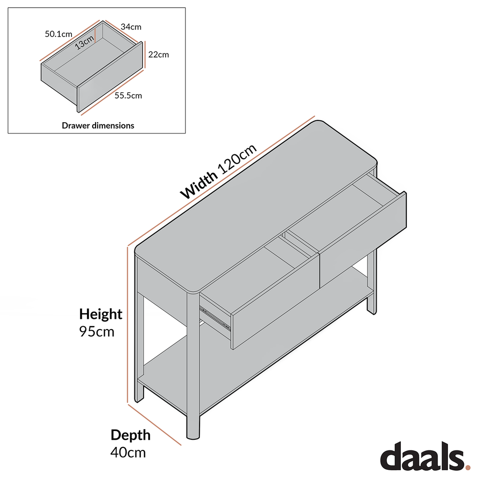 Agnes Curved Edge 2 Drawer Console Table, Off White with Oak Top
