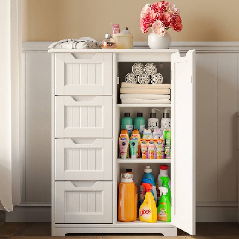 Bathroom Floor Storage Cabinet, Free-Standing Floor Storage Cabinet with 4 Draws and Adjustable Shelf