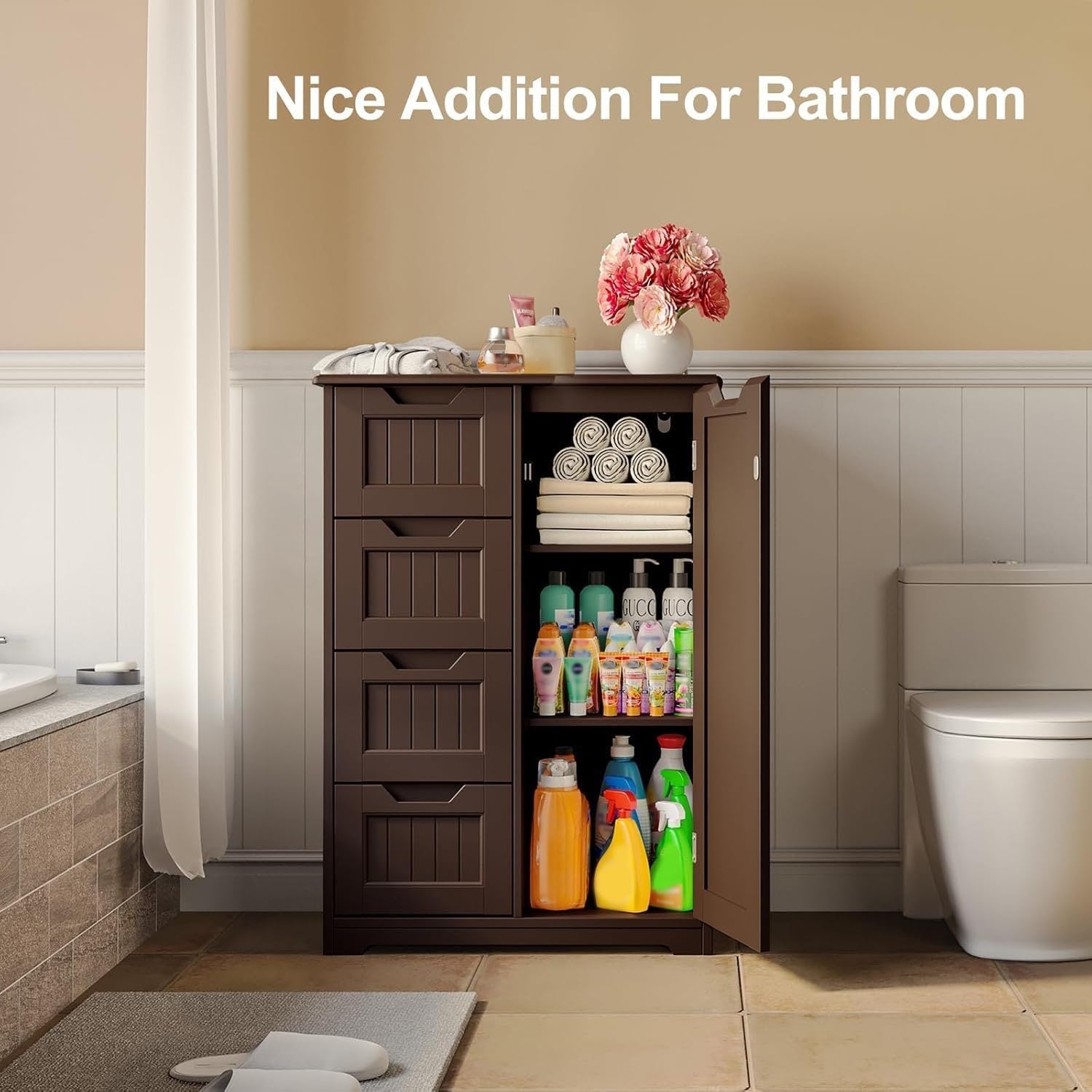 Bathroom Floor Storage Cabinet, Free-Standing Floor Storage Cabinet with 4 Draws and Adjustable Shelf