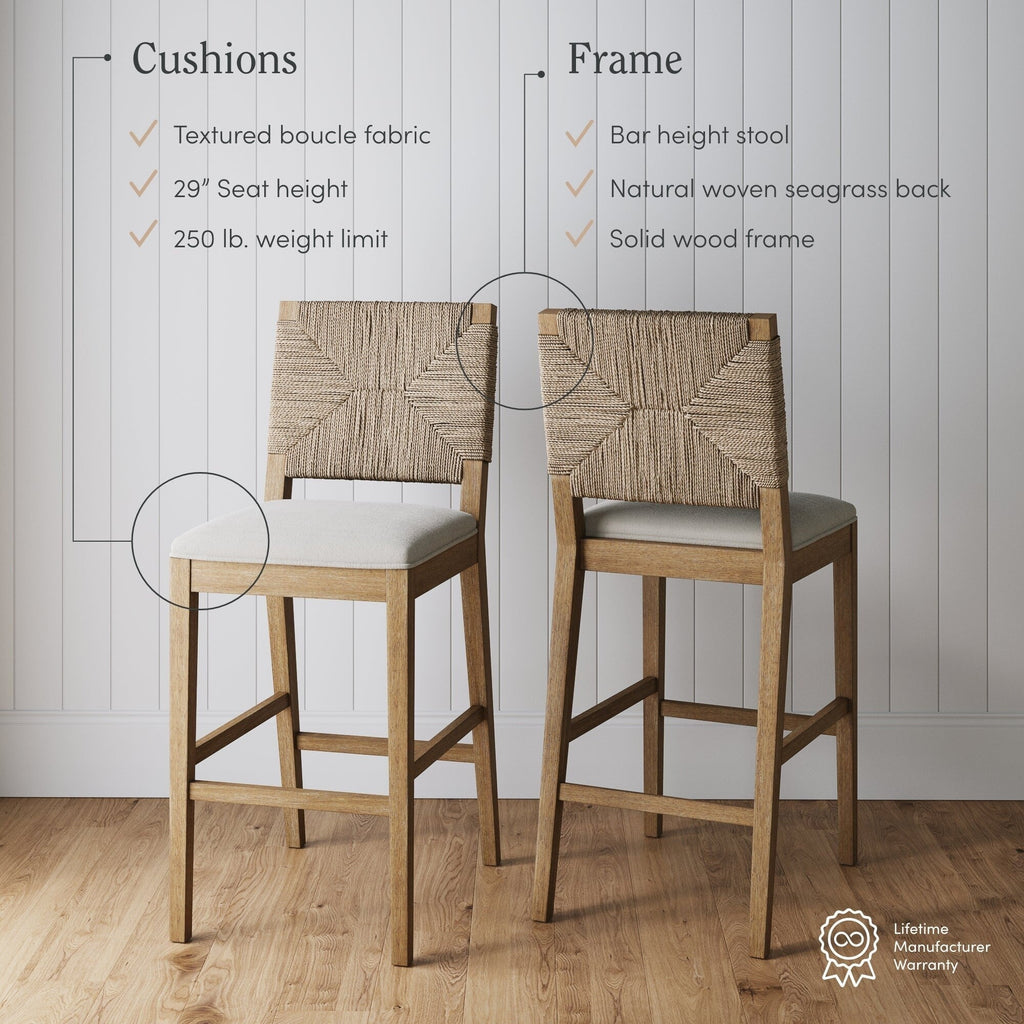 Beacon Bohemian Boucle Bar Stool, Upholstered Counter Height Chair with Solid Wood Frame and Woven Seagrass Back