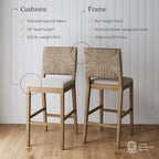 Beacon Bohemian Boucle Bar Stool, Upholstered Counter Height Chair with Solid Wood Frame and Woven Seagrass Back