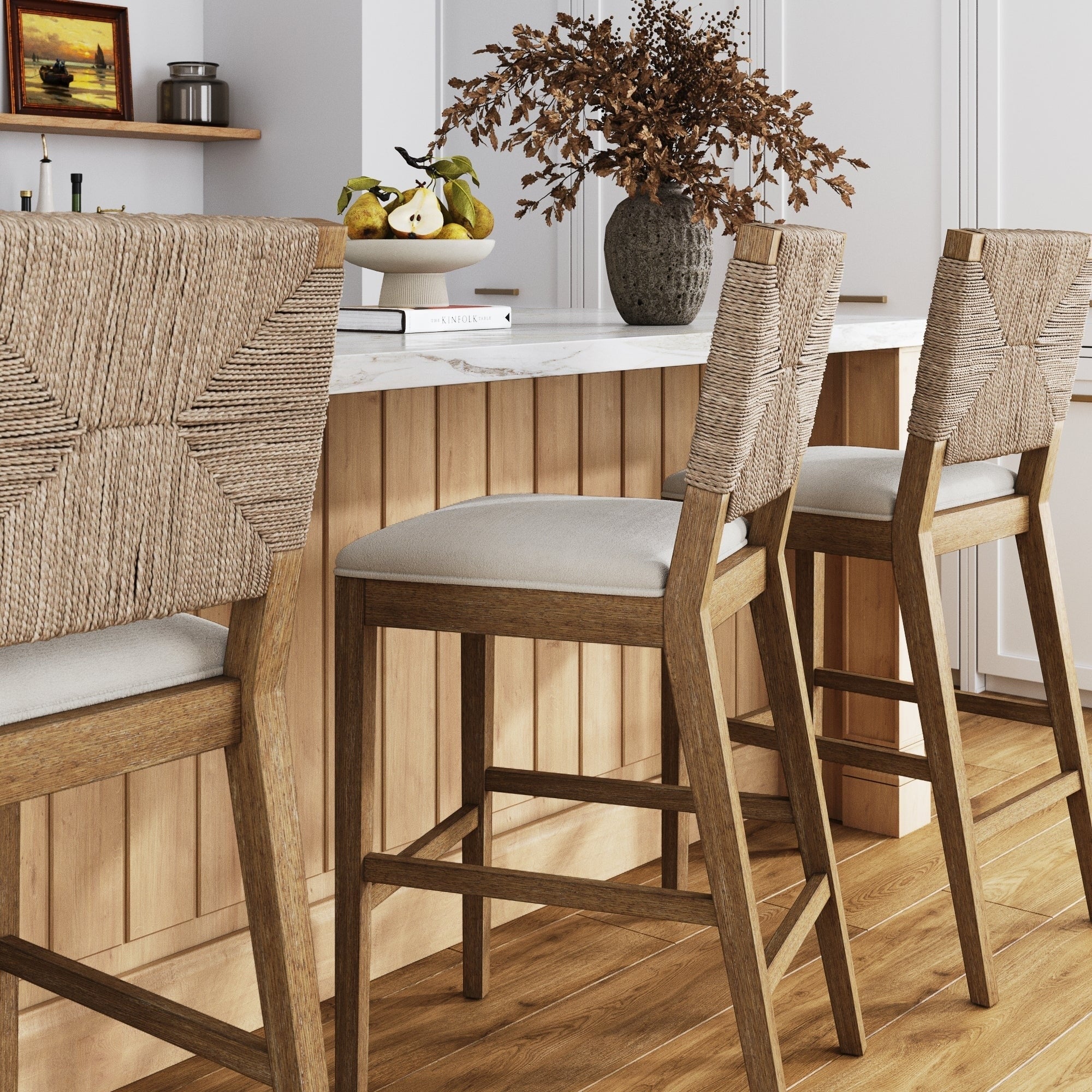 Beacon Bohemian Boucle Bar Stool, Upholstered Counter Height Chair with Solid Wood Frame and Woven Seagrass Back
