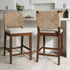 Beacon Bohemian Boucle Bar Stool, Upholstered Counter Height Chair with Solid Wood Frame and Woven Seagrass Back