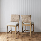 Beacon Bohemian Boucle Bar Stool, Upholstered Counter Height Chair with Solid Wood Frame and Woven Seagrass Back