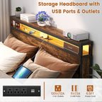 Farmhouse Wood Platform Bed Frame with Charged Station and LED Lights