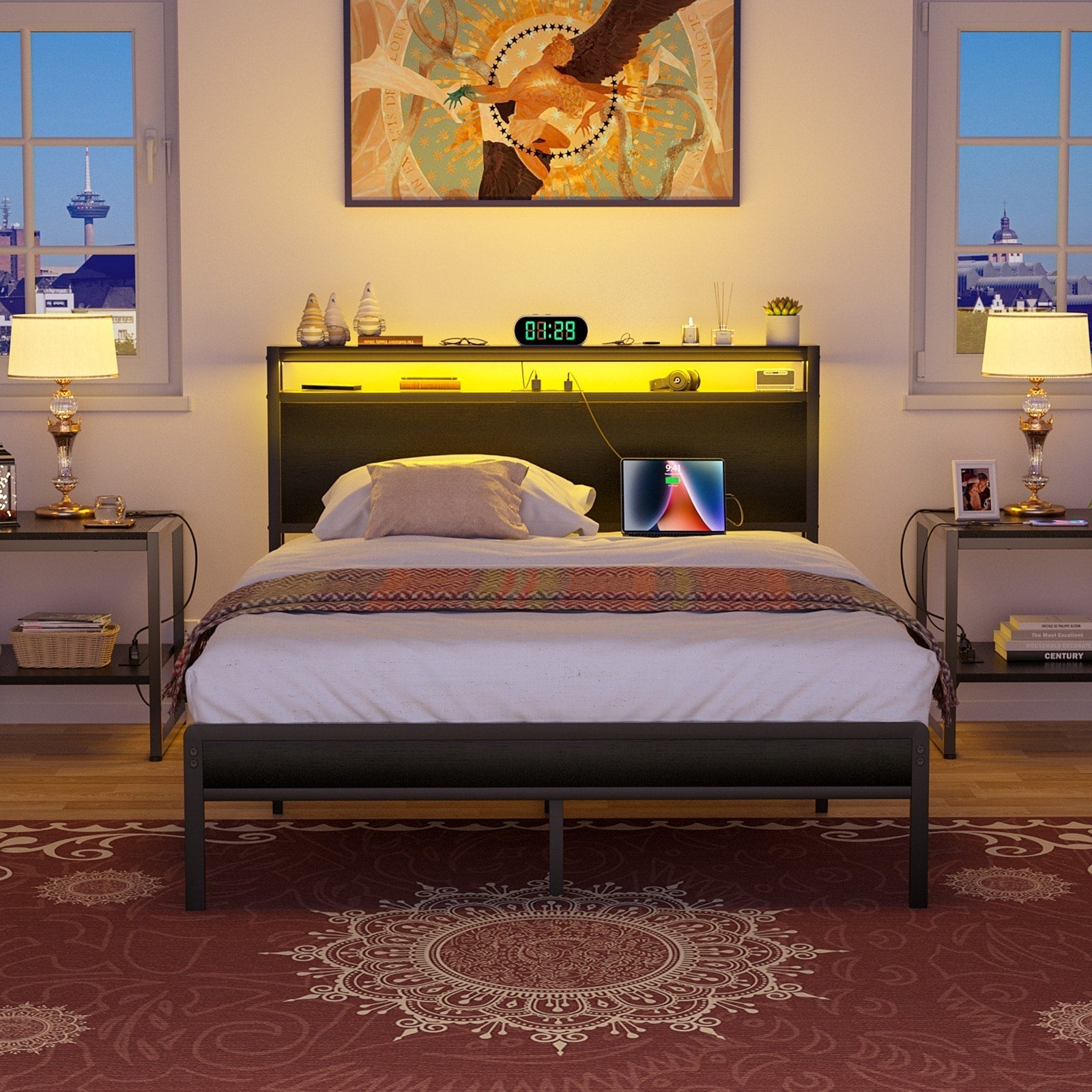 Farmhouse Wood Platform Bed Frame with Charged Station and LED Lights