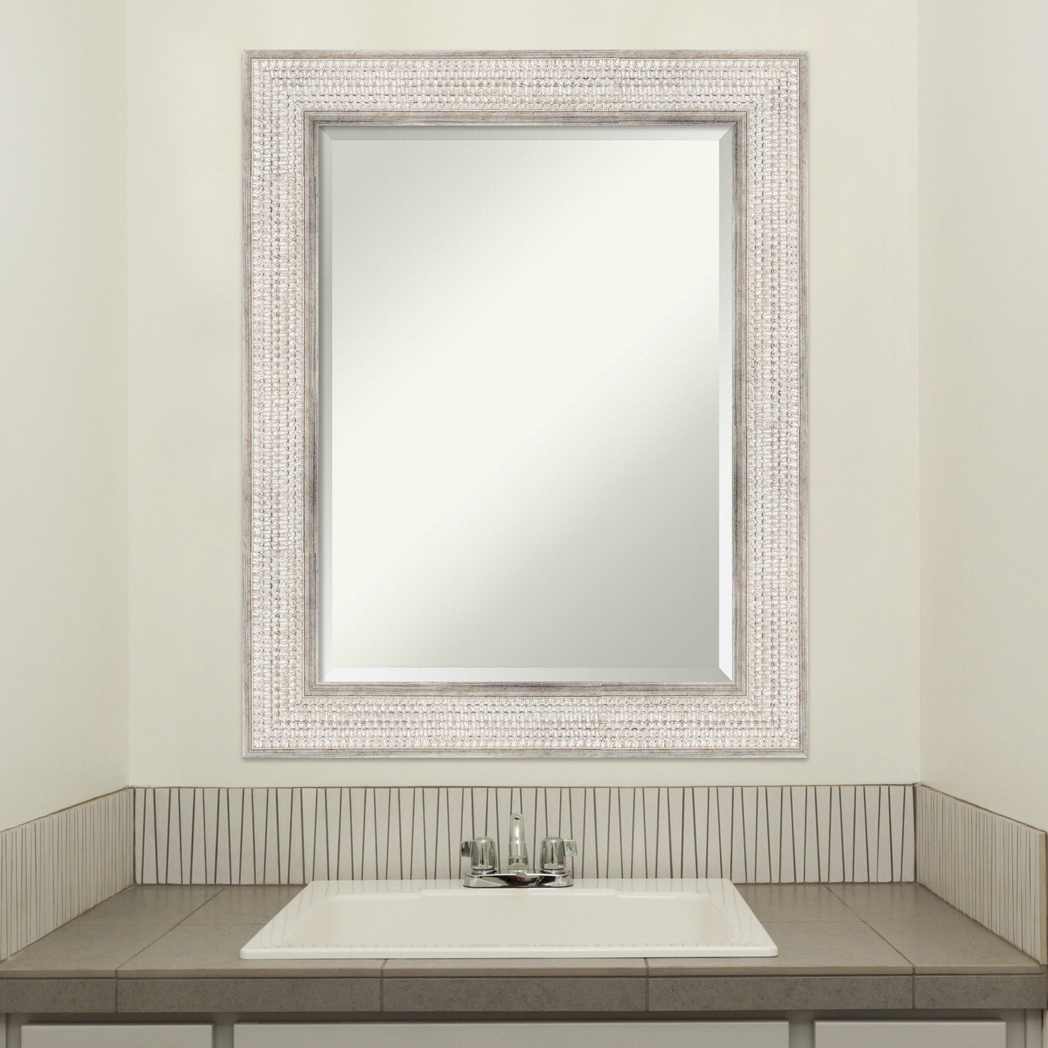Beveled Wood Bathroom Wall Mirror - Trellis Silver Frame - Trellis Silver