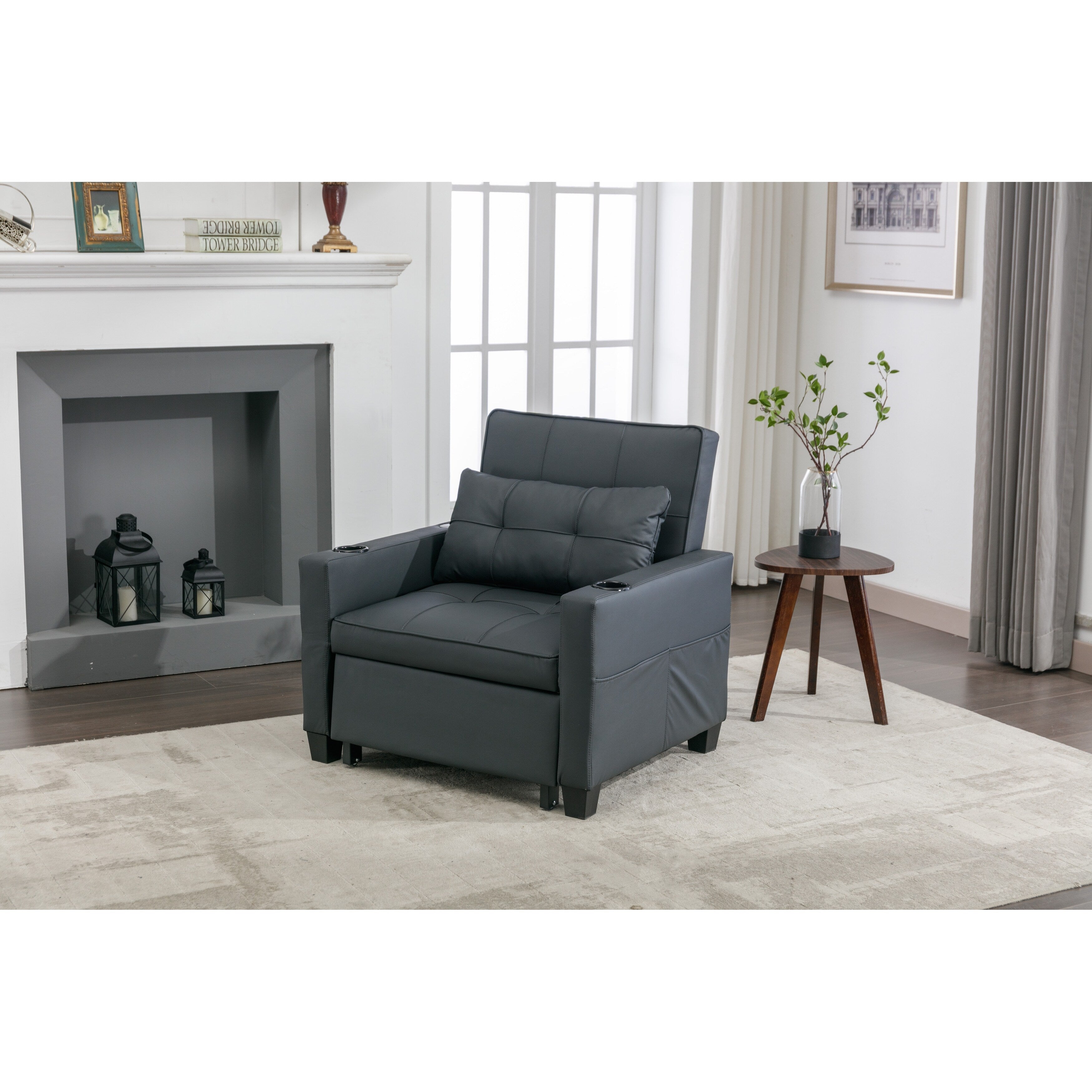 Black Faux Leather Convertible Sofa Bed with USB Ports