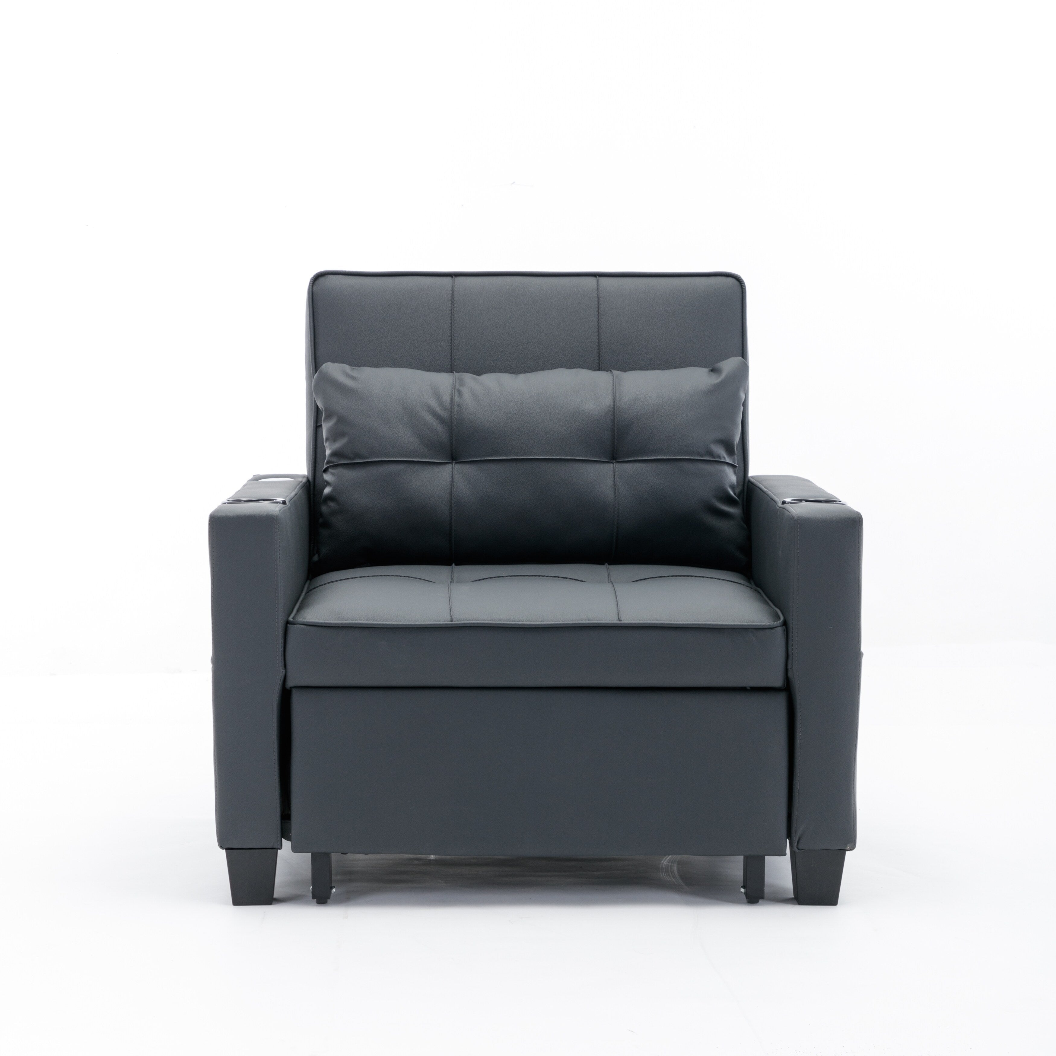 Black Faux Leather Convertible Sofa Bed with USB Ports