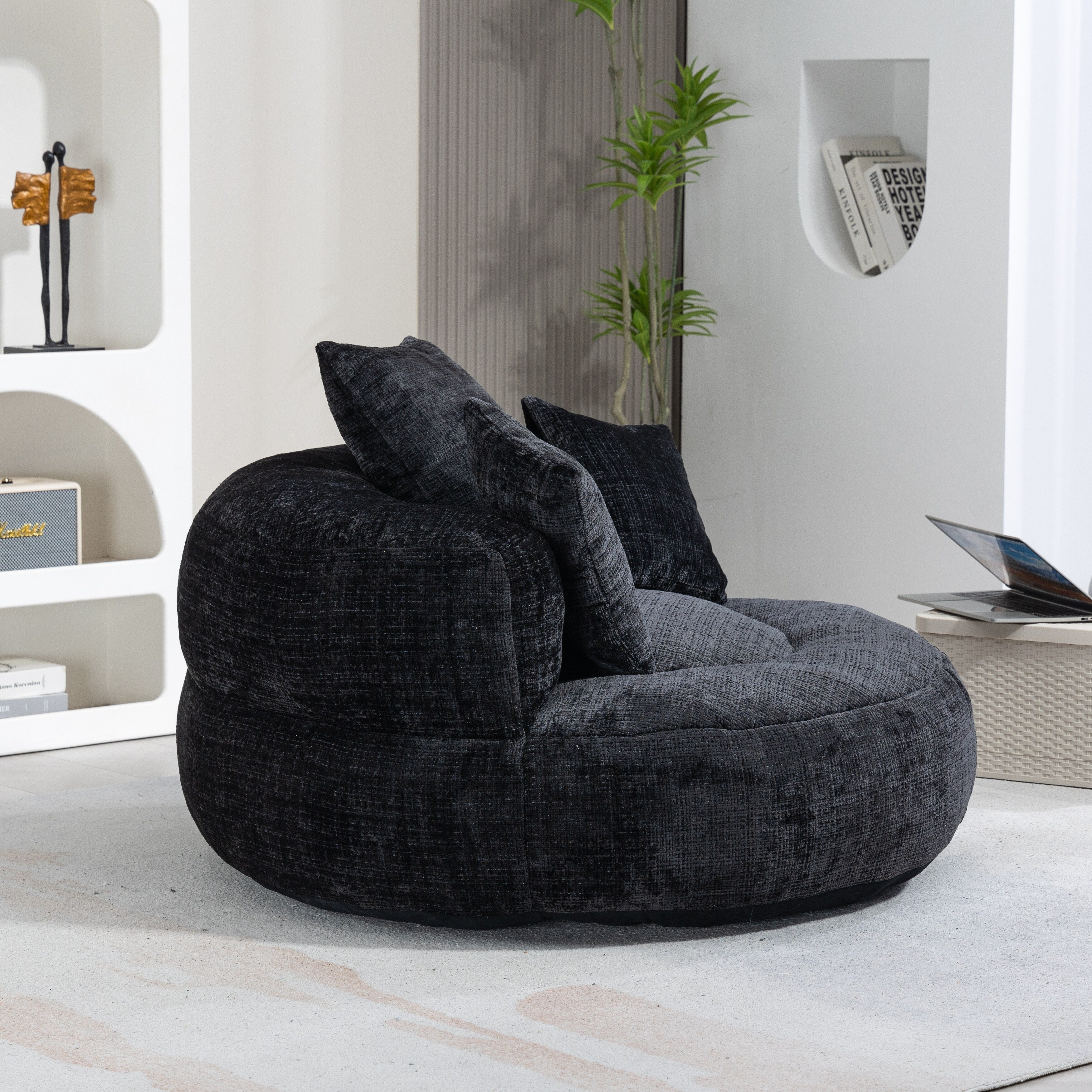 Black Oversized 42.52 Chenille Lazy Bean Bag Single Sofa with Three Pillows for Bedroom