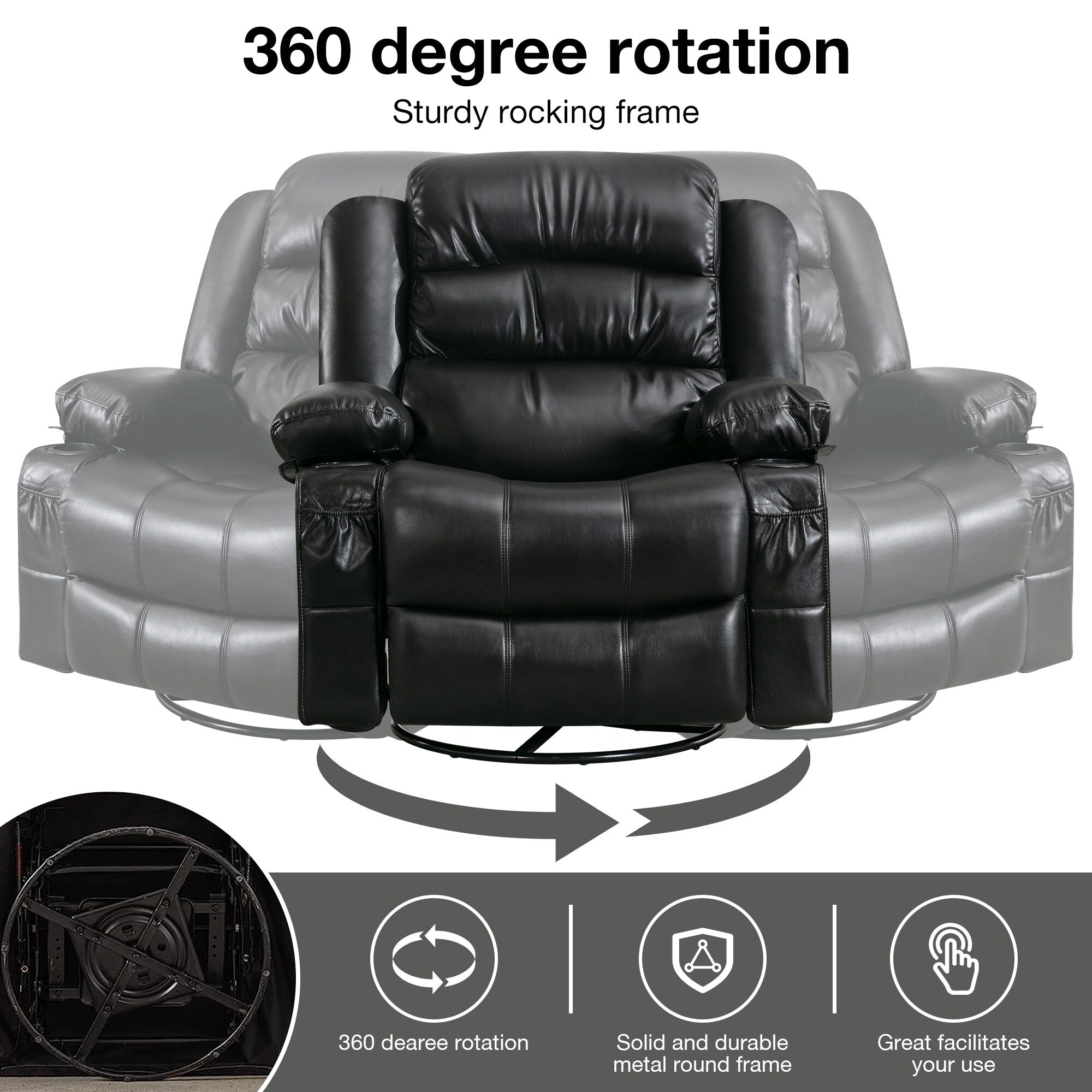 Black Swivel Rocker Recliner with Heat, Massage & USB Ports