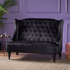 Black Velvet Button Tufted High Wingback Loveseat Sofa
