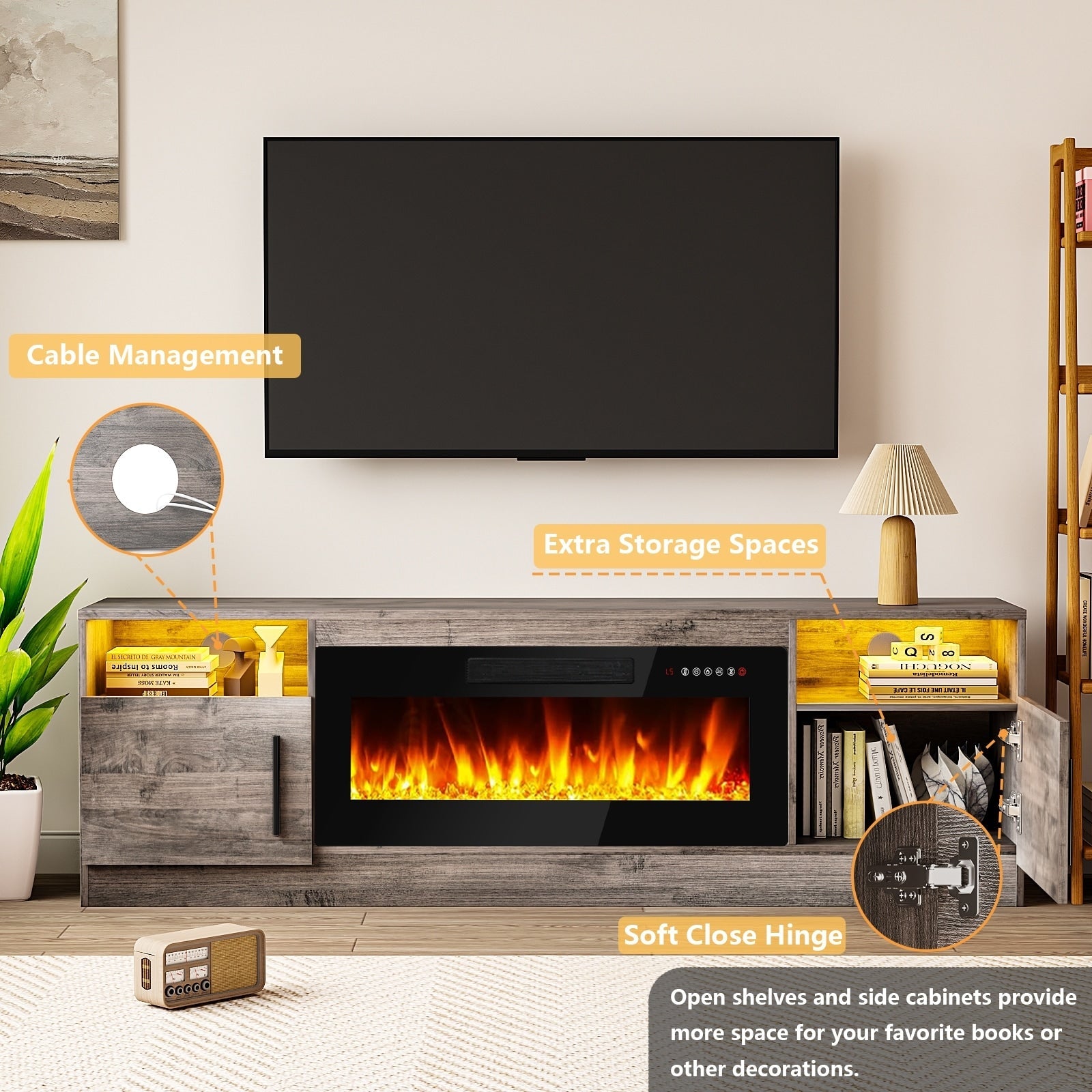 Bossin 70 Fireplace TV Stand with 36 Electric Fireplace, TV Stand for TVs Up to 80, 16 Colors LED Lights/Entertainment Center