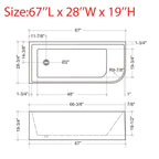 CB HOME 59''/67'' Freestanding Acrylic Soaking Bathtubs, Soaking Tubs Single Side Against The Wall, Left/Right Overflow