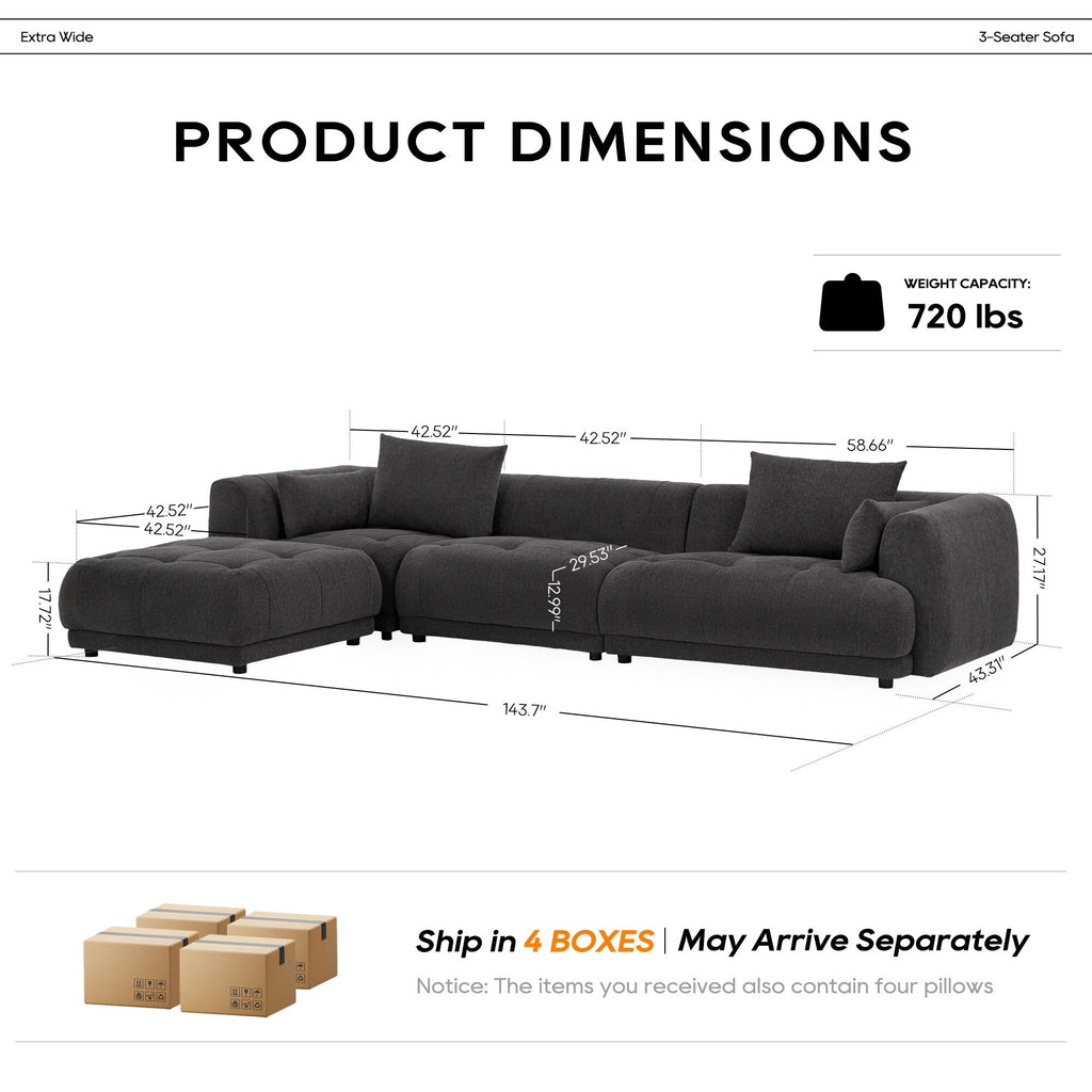 Cloud Modular Sofa Sectional 144 with Ottoman - Plush Chenille Fabric Living Room Couch