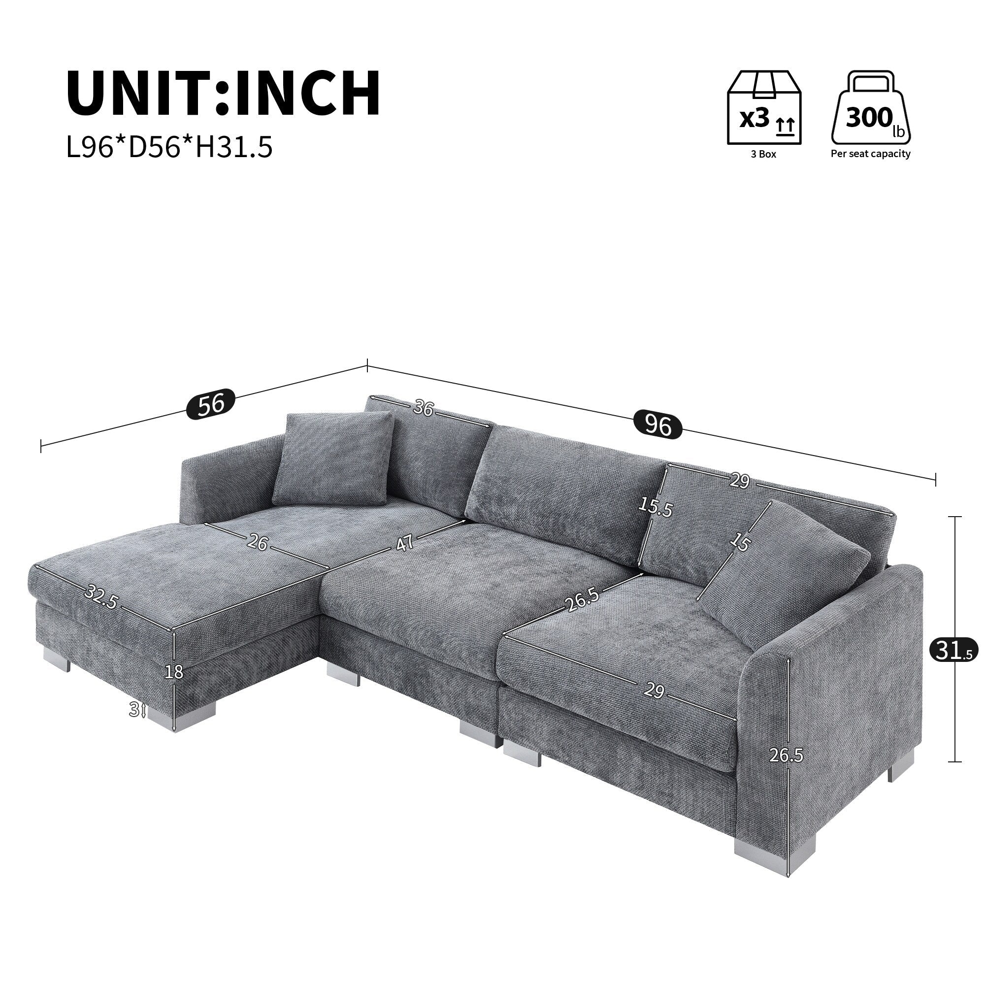 Cloud Sectional Sofa,L-Shaped Luxury Couch Set With 2 Free Pillows,4-Seat Chenille Indoor Furniture With Oversized Chaise