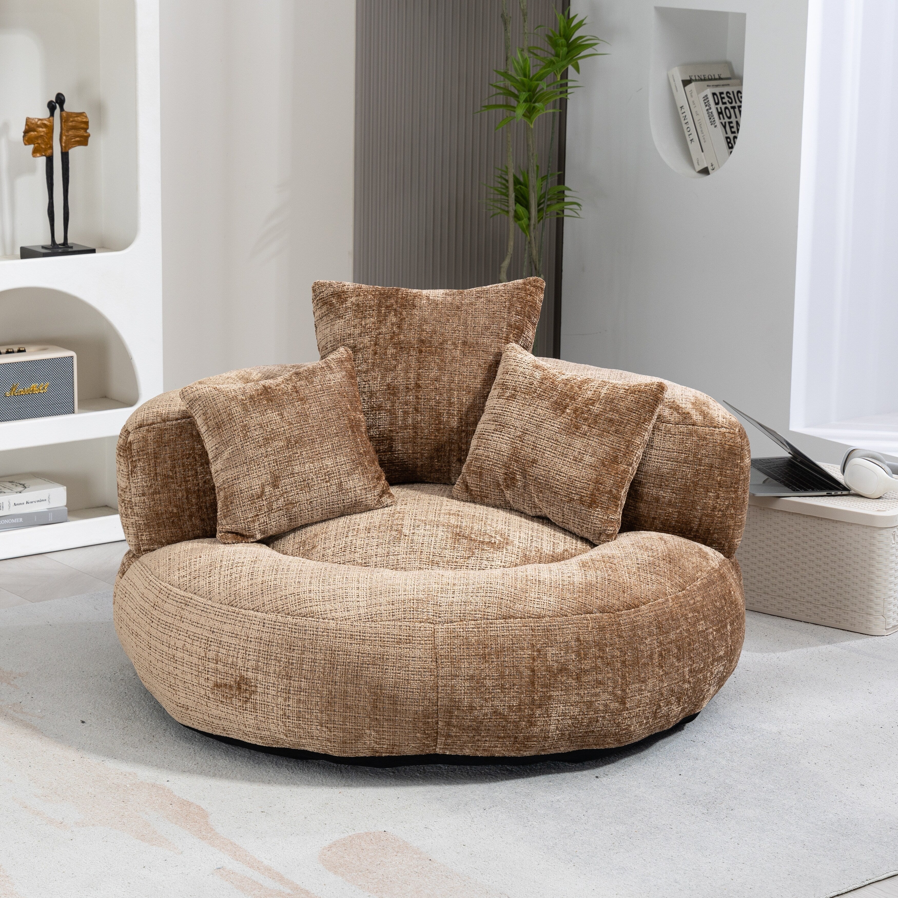 Coffee Oversized 42.52 Chenille Lazy Bean Bag Single Sofa with Three Pillows for Bedroom