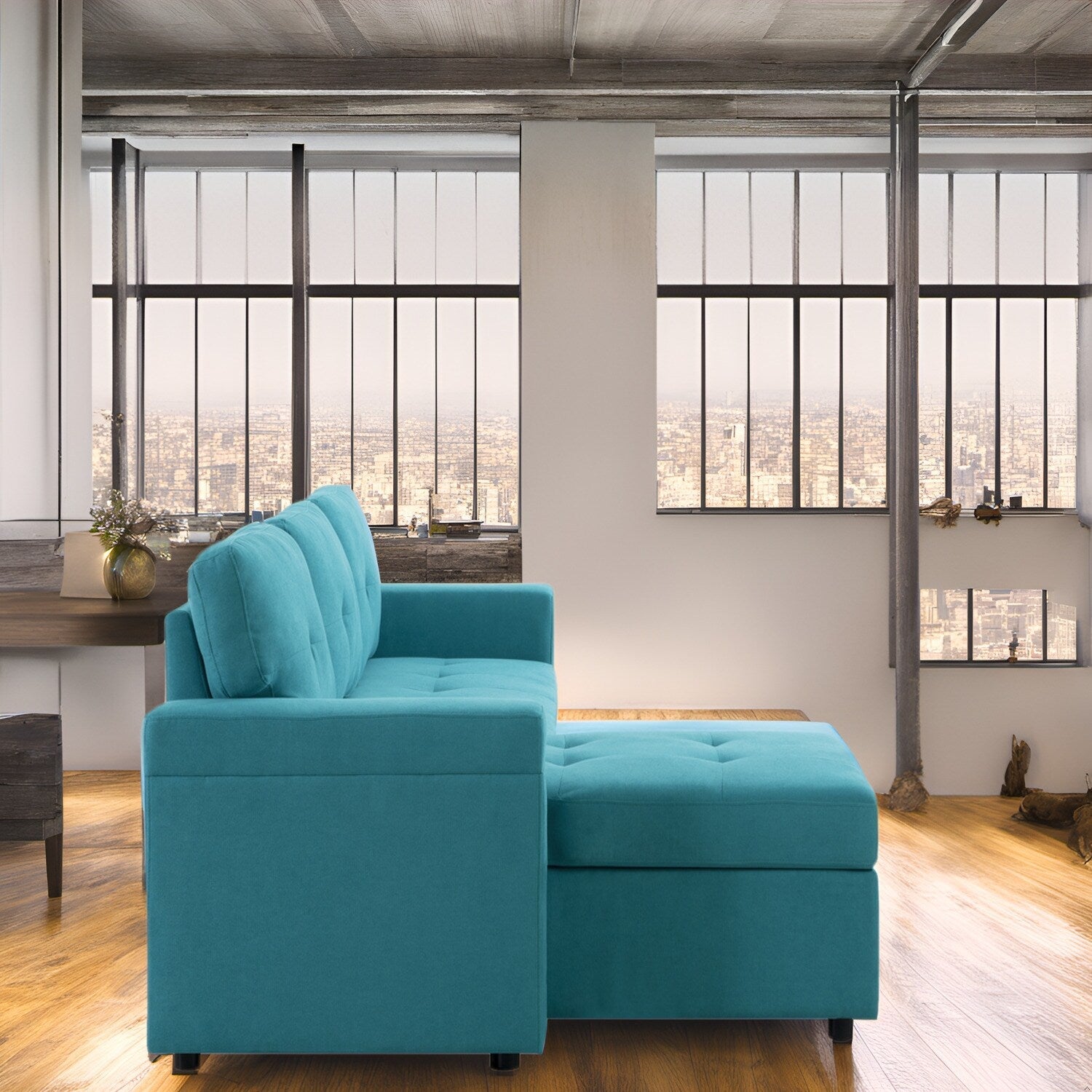 Convertible Reversible Sectional Sofa with Pull-Out Sleeper Bed, Hidden Storage Chaise, and Durable Legs