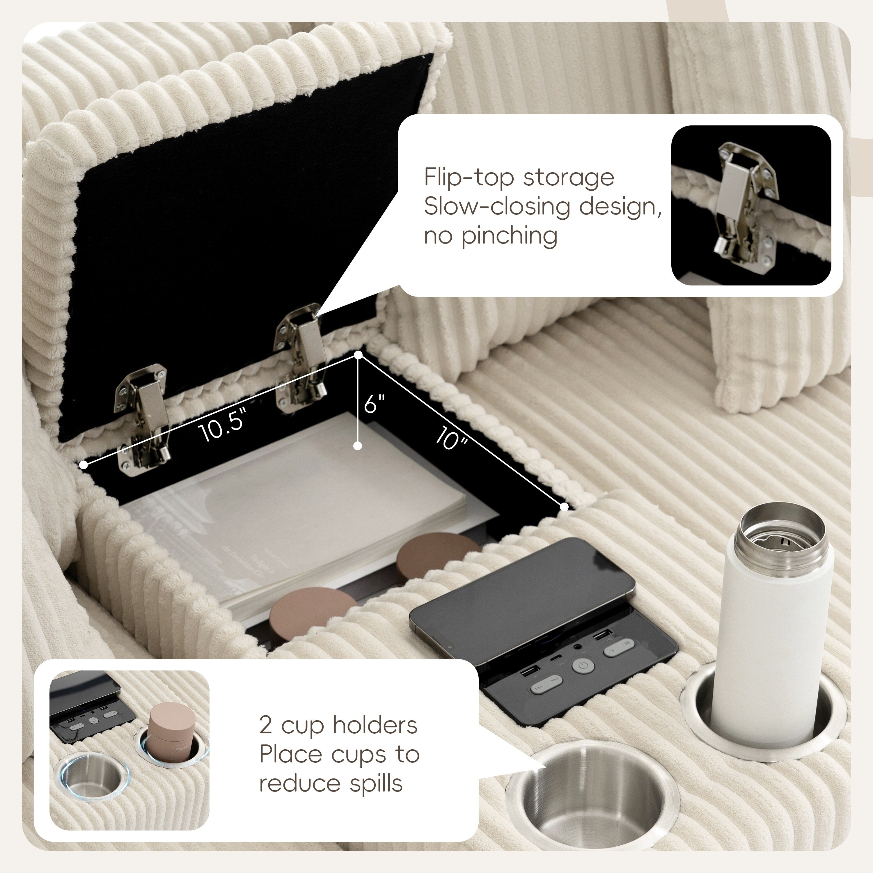 Corduroy Sectional Sofa with Bluetooth Speakers, USB Charger, Cup Holders, Storage, Ottoman, Deep and Wide Seat