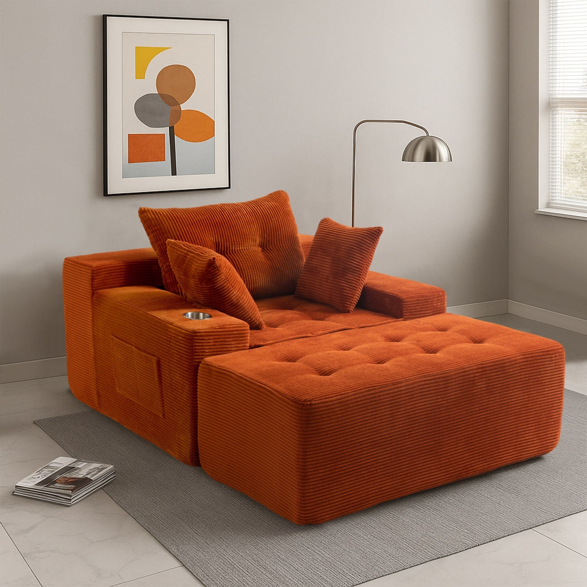 Corduroy Upholstered Memory Foam Sofa With Ottoman Upholstered Bean Bag Couch - 48.4Lx67.7Wx24.4H