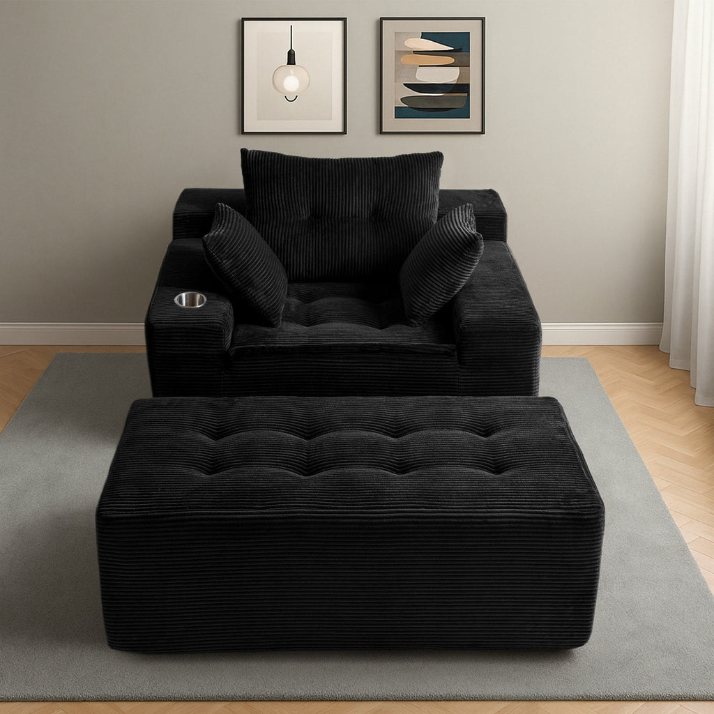 Corduroy Upholstered Memory Foam Sofa With Ottoman Upholstered Bean Bag Couch - 48.4Lx67.7Wx24.4H