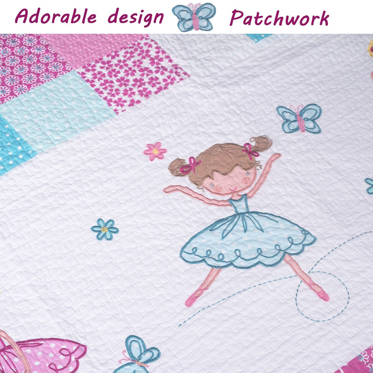 Cozy Line Ballerina Pink Girls Reversible Cotton Quilt Bedding Set with Decorative Pillows
