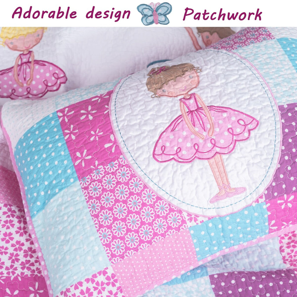 Cozy Line Ballerina Pink Girls Reversible Cotton Quilt Bedding Set with Decorative Pillows