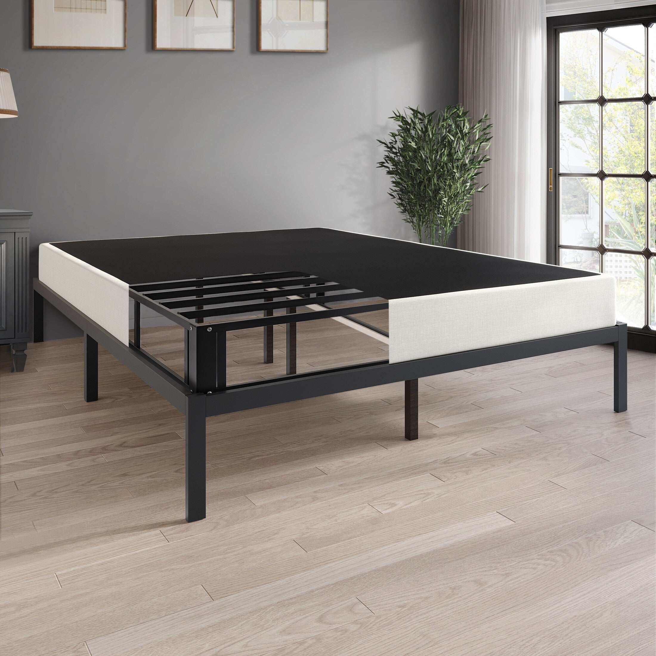 CraftPorch 5-Inch Metal Box Spring with Warm Grey Linen Cover