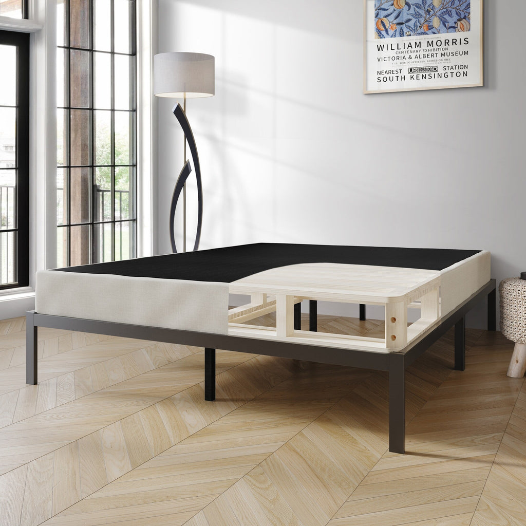 CraftPorch Solid Wood 5-Inch Box Spring Foundation with Wood Slats with Warm Grey Linen Cover