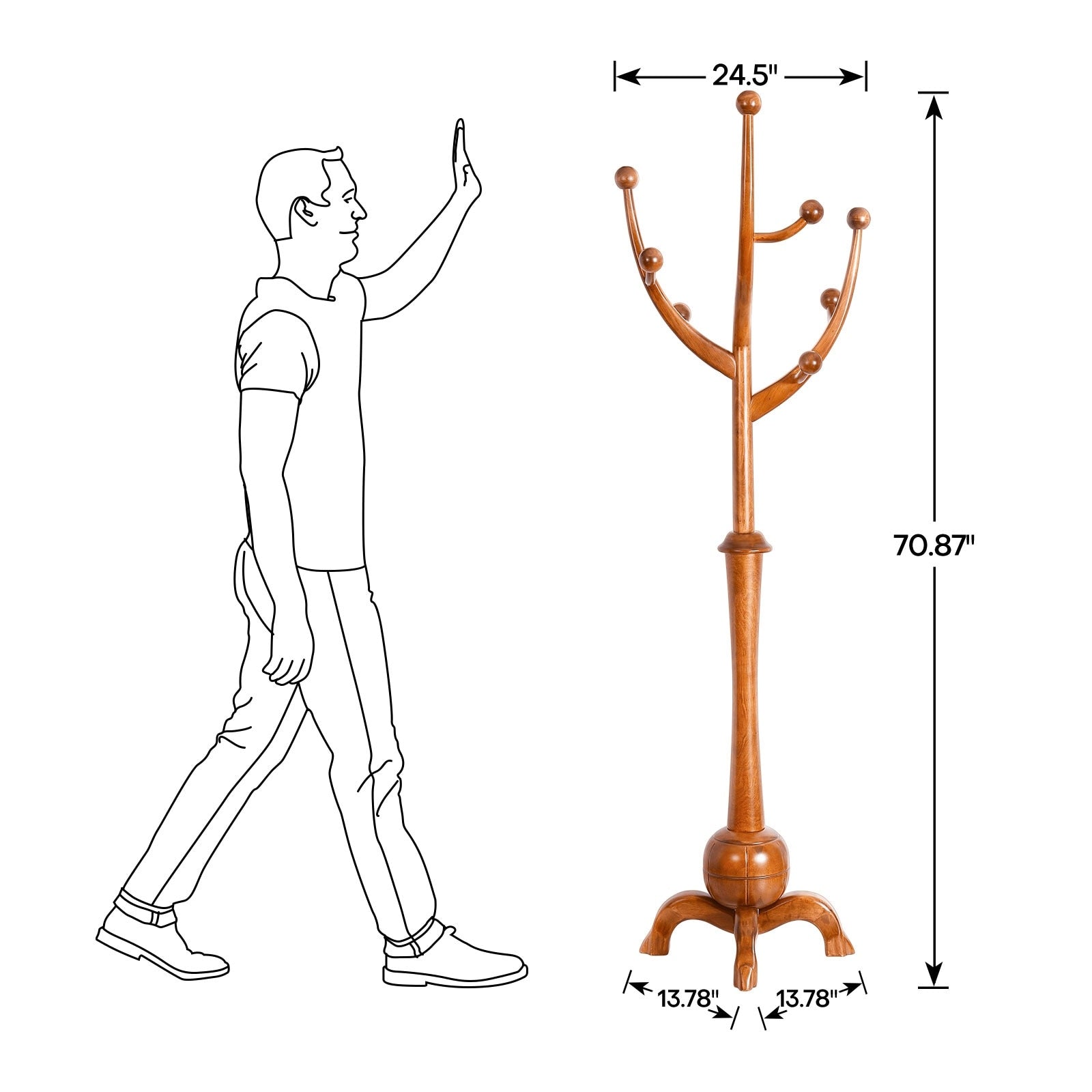 Tree-branch Rubberwood Freestanding Coat Rack with 8 Hooks - 24.5W x 70.87H