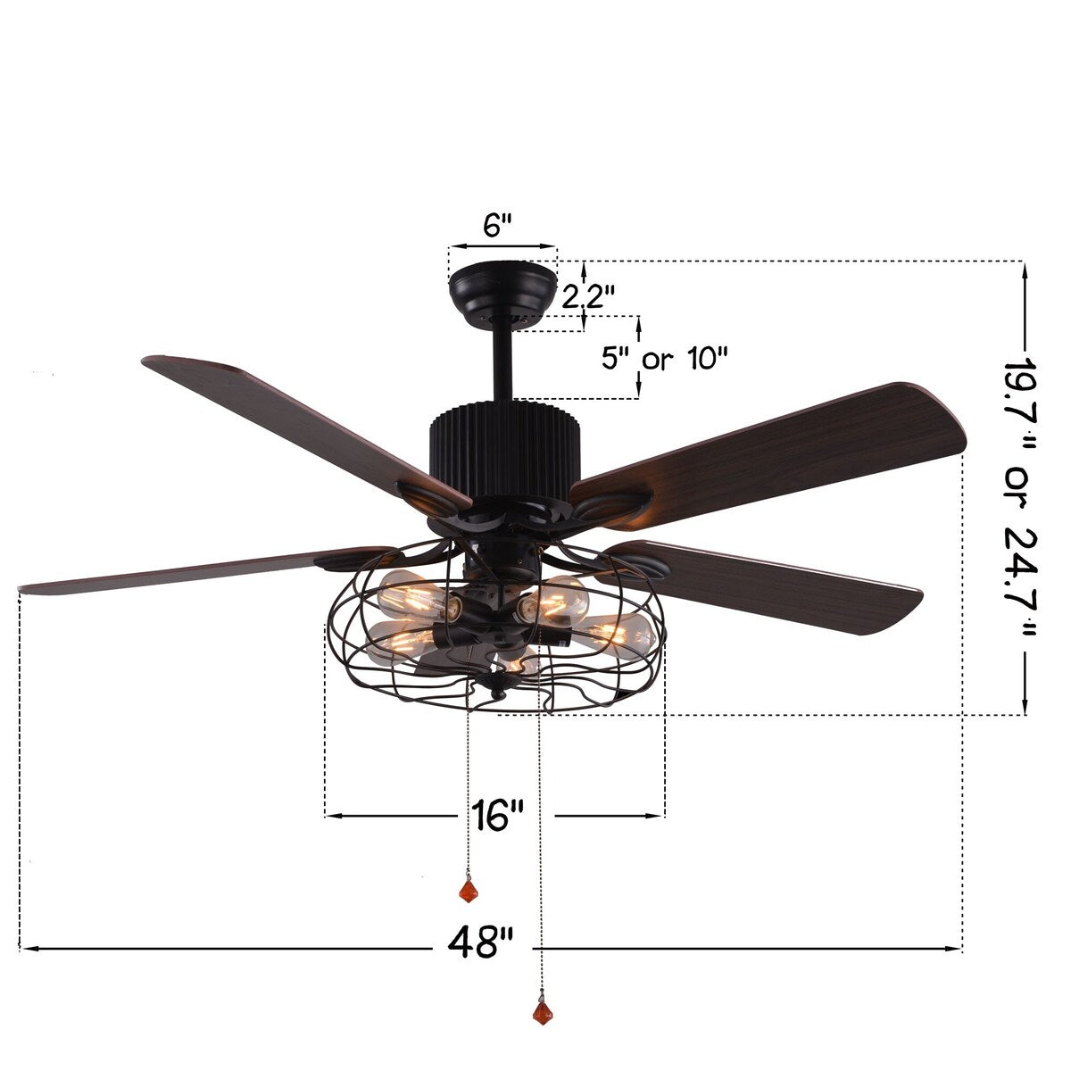CurveCurio Farmhouse Industrial 5-Light Black Cage Ceiling Fan with Light, Remote Control and Pull Chain 42-48-52 inches