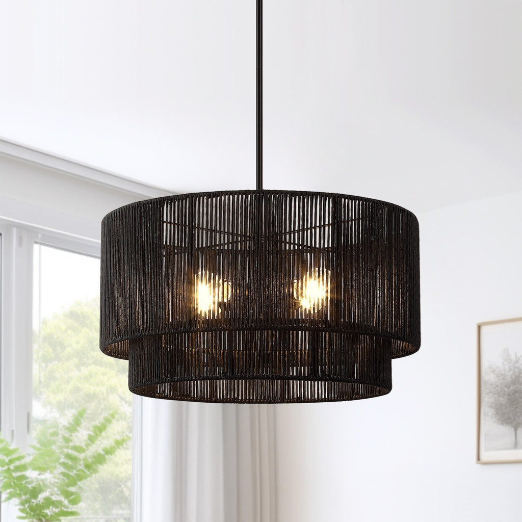 Cynthia 4-Light Black Rattan Drum Chandelier Light - 22''W
