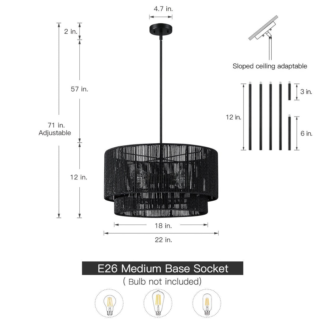 Cynthia 4-Light Black Rattan Drum Chandelier Light - 22''W