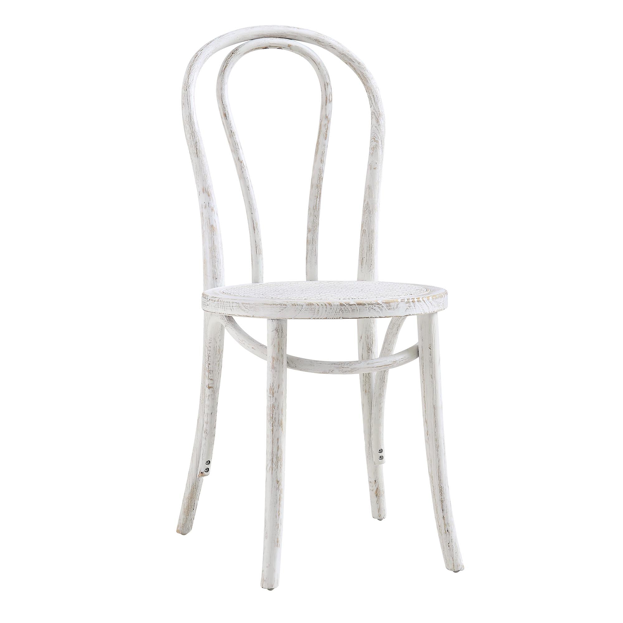 Camille Elm Wood and Rattan Bentwood Dining Chair, Distressed White