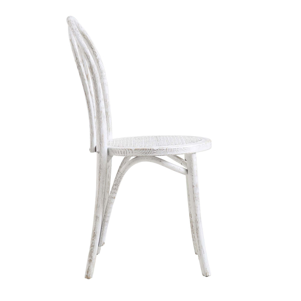 Camille Elm Wood and Rattan Bentwood Dining Chair, Distressed White