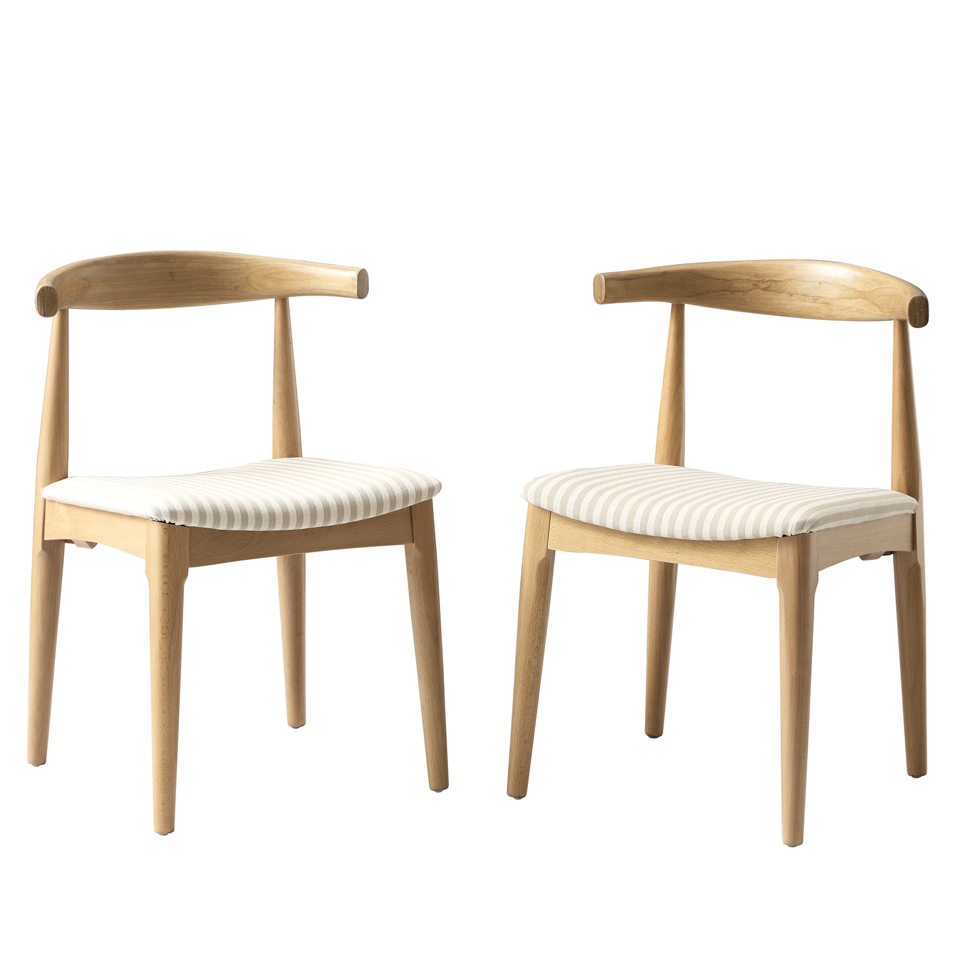 Arley Set of 2 Beech Wood Dining Chairs, Natural and Light Taupe Striped