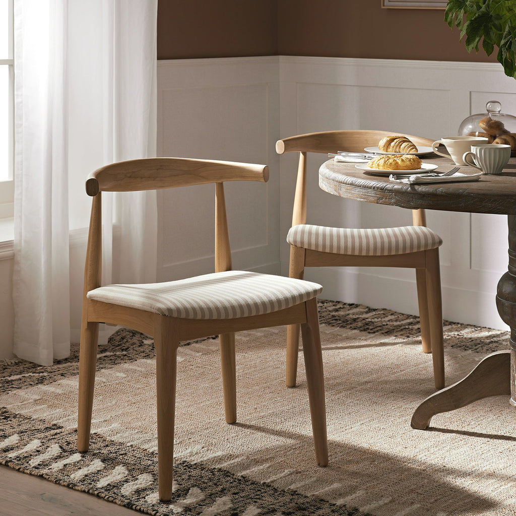 Arley Set of 2 Beech Wood Dining Chairs, Natural and Light Taupe Striped