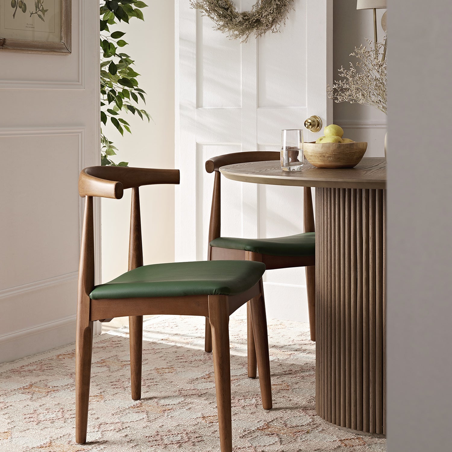 Arley Set of 2 Beech Wood Dining Chairs, Light Walnut and Olive Green