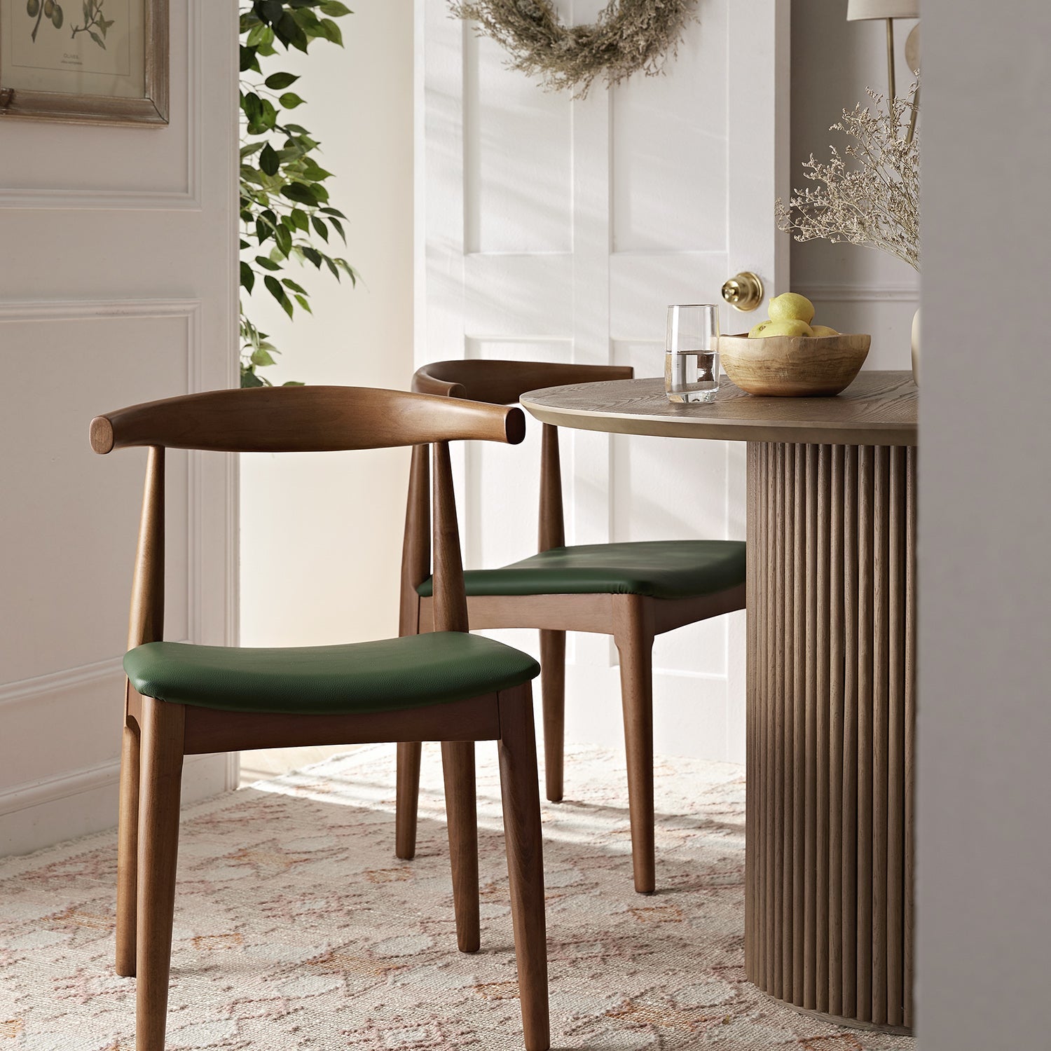 Arley Set of 2 Beech Wood Dining Chairs, Light Walnut and Olive Green