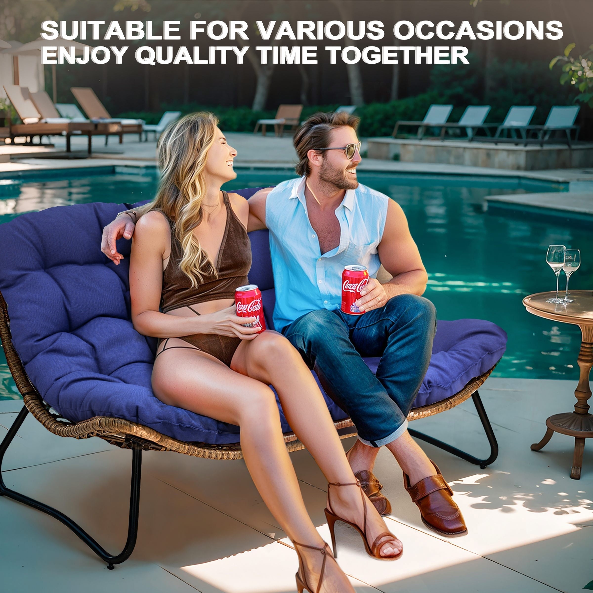 Double Papasan Chair Loveseat with Cushion, All-weather PE Rattan and Metal Frame for Indoor Outdoor