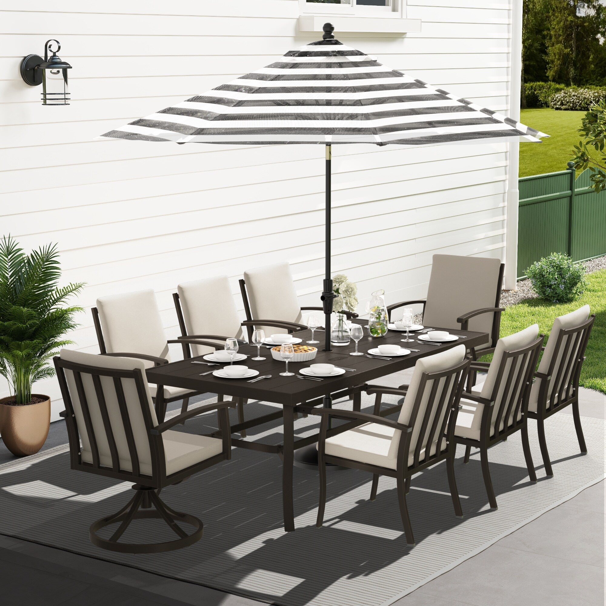 EGEIROS LIFE AluLux 9-Piece Aluminum Patio Dining Set with 2 Swivel Dining Chairs, 6 Dining Chairs and Washable Cushions