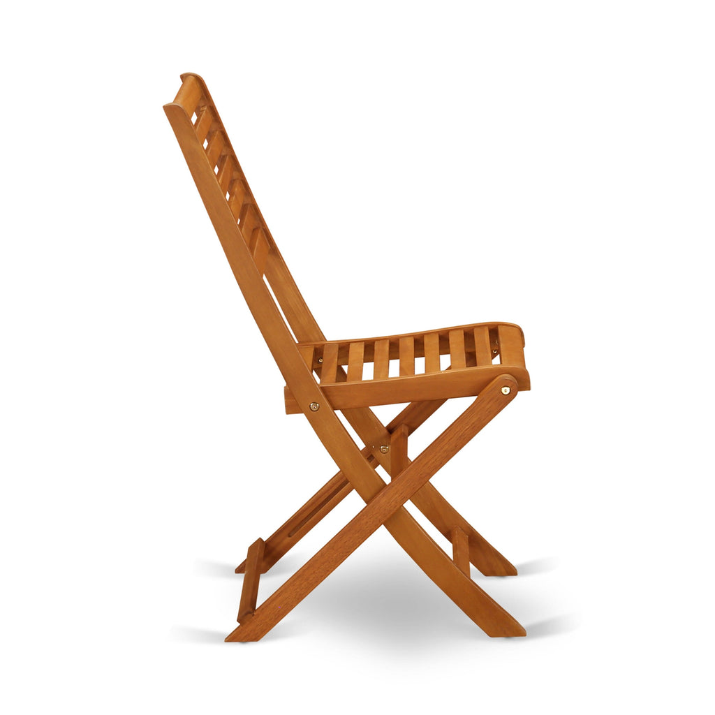 East West Furniture Outdoor Conversation Bistro Set Contains a Round Wood Coffee Table and 2 Folding Side Chairs, Natural Oil