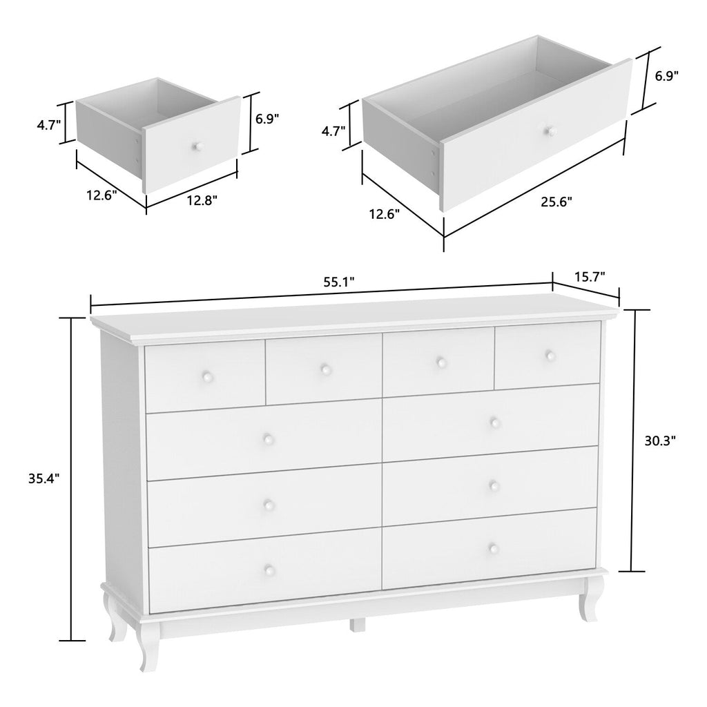 10 Drawer Double Dresser for Bedroom White Dresser Wide Storage