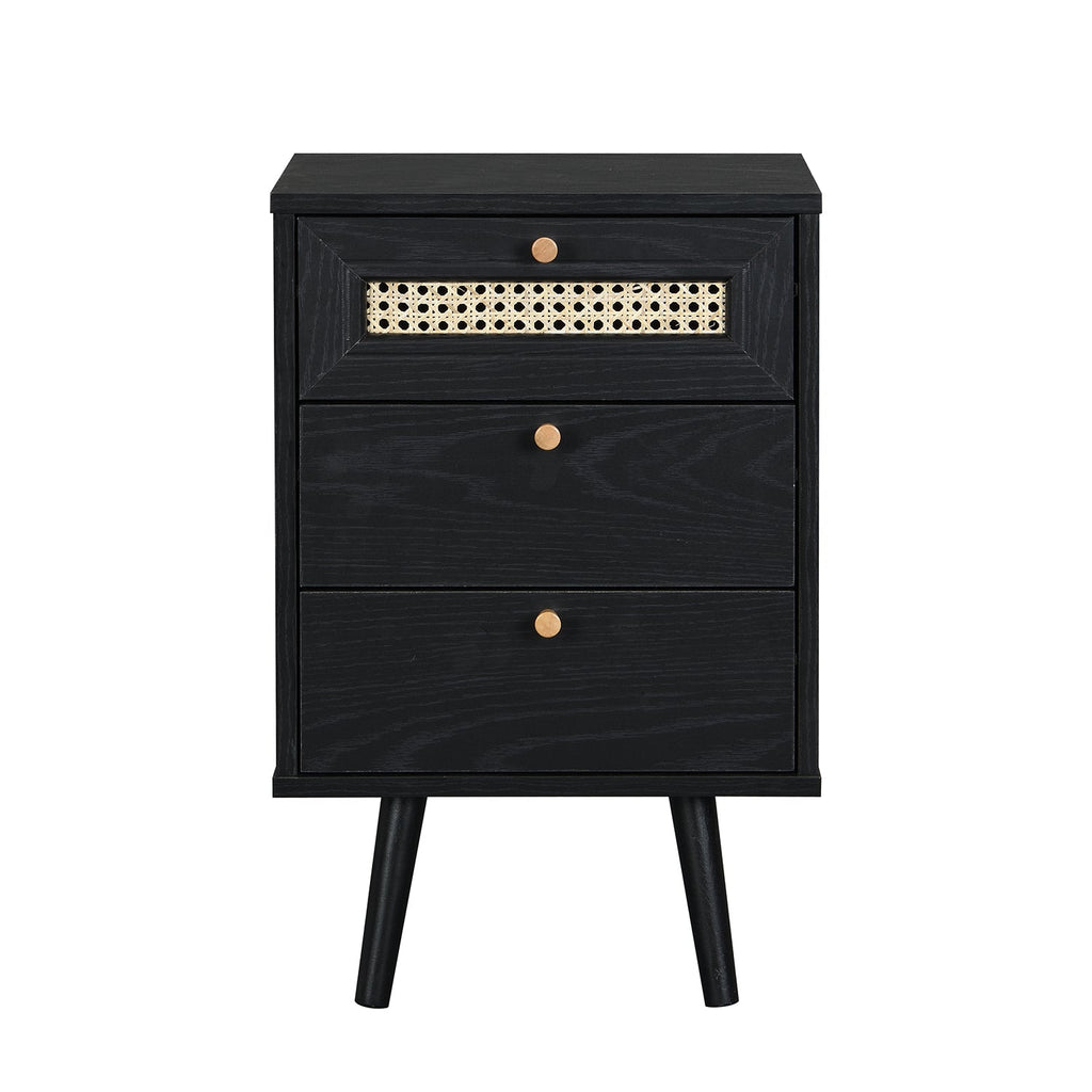 Anya Woven Rattan 3-Drawer Bedside Table in Black Colour
