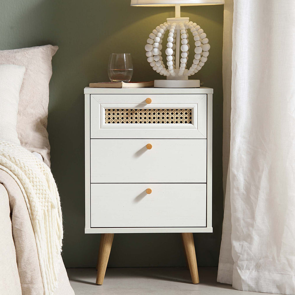 Anya Woven Rattan 3-Drawer Bedside Table in White