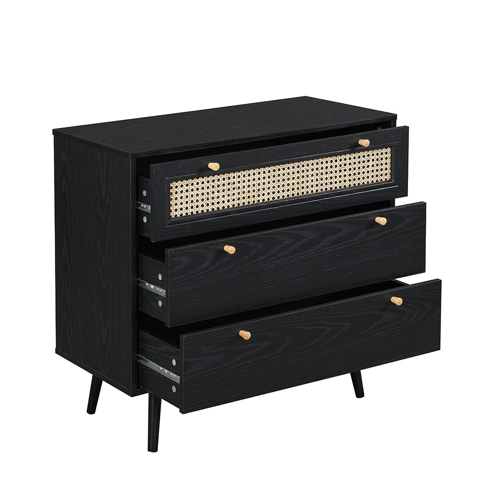 Anya Woven Rattan Chest of 3 Drawer in Black Colour