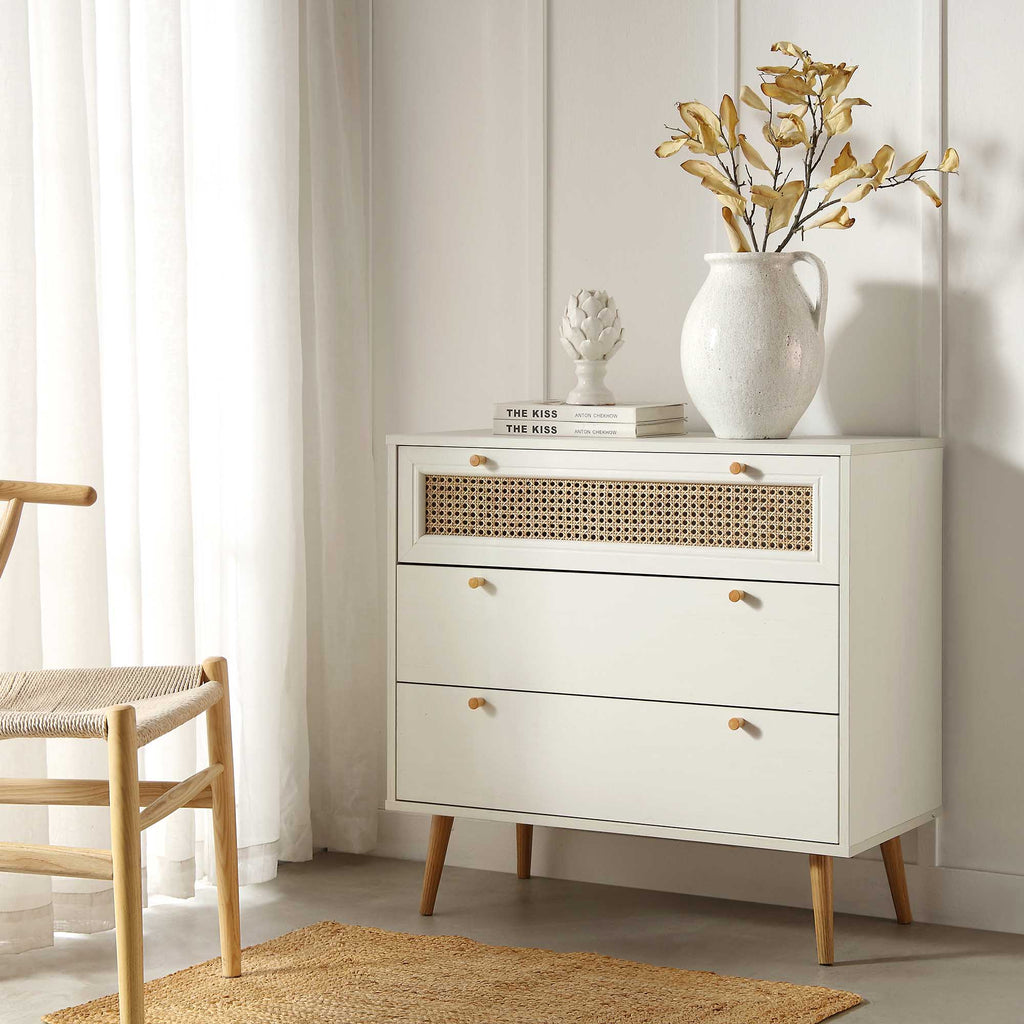 Anya Woven Rattan Chest of 3 Drawers in White
